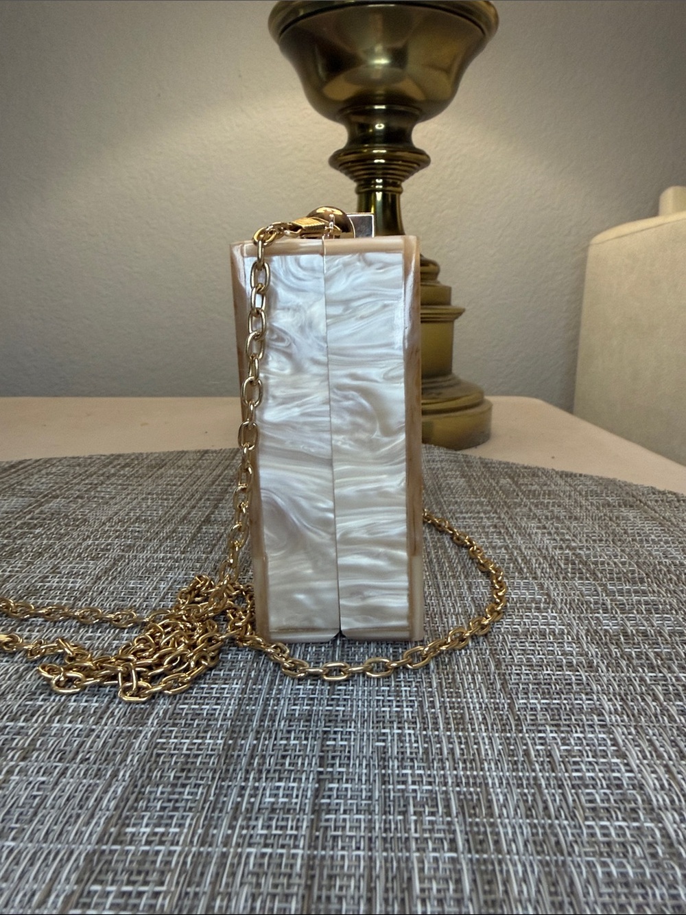 Pearlescent Beige Acrylic Box Clutch with Gold Chain - Picture 2 of 6